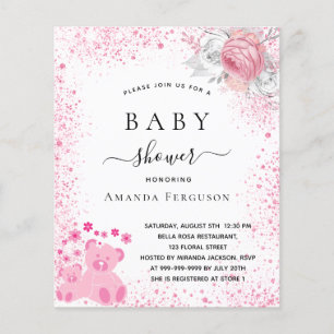 Prospectus 11,4 Cm X 14,2 Cm Baby shower rose teddy girl budget invitation