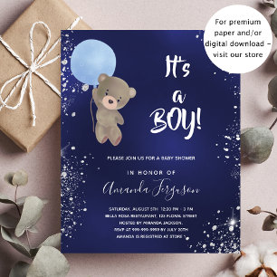 Prospectus 11,4 Cm X 14,2 Cm Baby shower teddy bear boy bleu budget invitation