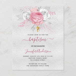 Prospectus 11,4 Cm X 14,2 Cm Baptism silver pink florals girl budget invitation