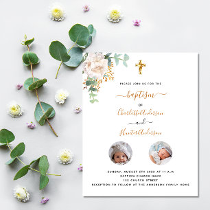 Prospectus 11,4 Cm X 14,2 Cm Baptism twins white floral photo budget invitation