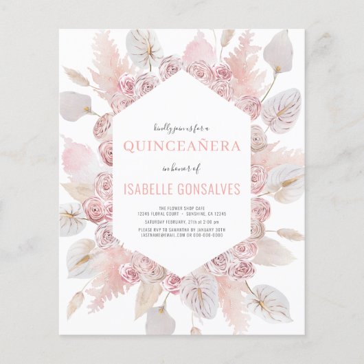 Prospectus 11,4 Cm X 14,2 Cm Budget Aquarelle Boho QUINCEAÑERA Invitation (Devant)