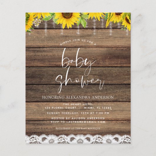 Prospectus 11,4 Cm X 14,2 Cm Budget Baby Shower Rustic Sunflower Invitation (Devant)