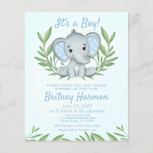 Prospectus 11,4 Cm X 14,2 Cm Budget Blue Elephant Boy Baby shower Invitation