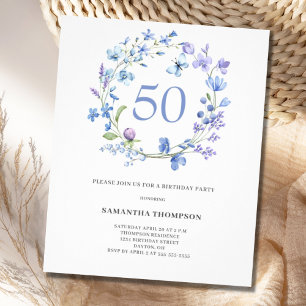 Prospectus 11,4 Cm X 14,2 Cm Budget Blue Floral 50e anniversaire Invitation
