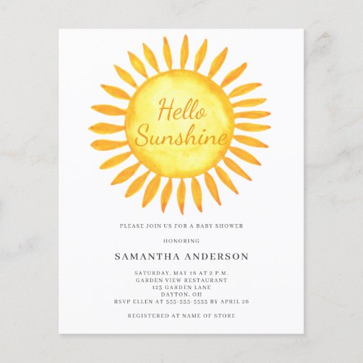 Prospectus 11,4 Cm X 14,2 Cm Budget Bonjour Sunshine Baby shower Invitation (Devant)