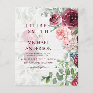 Prospectus 11,4 Cm X 14,2 Cm BUDGET Bourgogne Blush Rose Floral Wedding INVITE