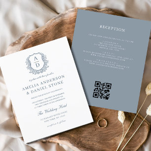 Prospectus 11,4 Cm X 14,2 Cm Budget Dusty Blue Crest Monogramme Mariage QR Code