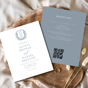 Prospectus 11,4 Cm X 14,2 Cm Budget Dusty Blue Crest Monogramme Mariage QR Code