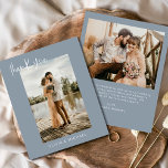 Prospectus 11,4 Cm X 14,2 Cm Budget Dusty Blue Mariage Photo Carte de remerciem<br><div class="desc">Faites preuve de gratitude avec nos élégantes cartes de remerciement avec un script moderne et votre photo mariage préférée. Ces cartes offrent un design élégant et minimaliste qui complète parfaitement toute esthétique mariage. Personnalisez-les avec un message sincère d'appréciation pour transmettre vos remerciements à vos amis et à votre famille pour...</div>
