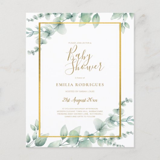 Prospectus 11,4 Cm X 14,2 Cm BUDGET Eucalyptus BABY SHOWER GOLD QR CODE INVITE (Devant)