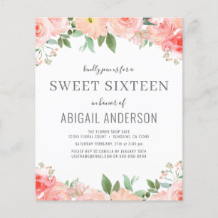 Prospectus 11,4 Cm X 14,2 Cm Budget Floral Girly Sweet 16 Anniversaire Invitati