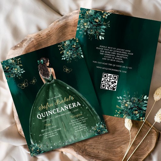 Prospectus 11,4 Cm X 14,2 Cm Budget Floral Green Gown robe QR Code Quinceanera