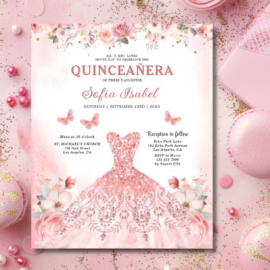 Prospectus 11,4 Cm X 14,2 Cm Budget Floral rose Bilingue Espagnol Quinceanera