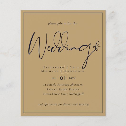 Prospectus 11,4 Cm X 14,2 Cm BUDGET FLYER Papier Mariage Gold Marine (Devant)