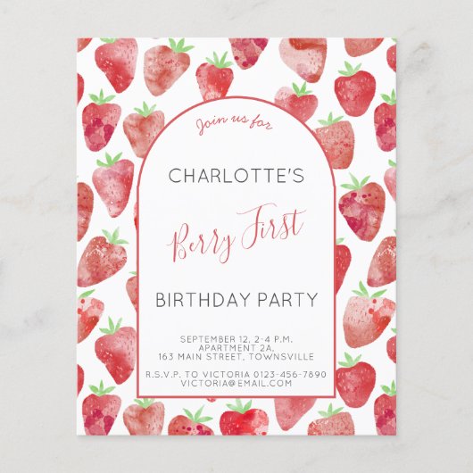 Prospectus 11,4 Cm X 14,2 Cm Budget Fraise première fête d'anniversaire Invitat (Devant)