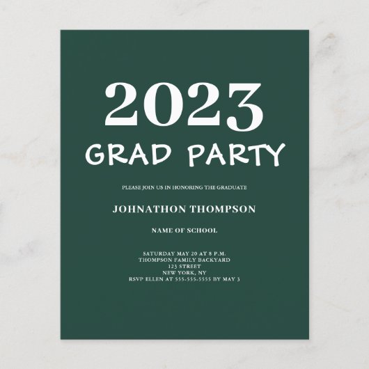 Prospectus 11,4 Cm X 14,2 Cm Budget Green Graduation Party Invitation Flyer (Devant)