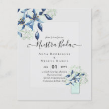 Budget Nuestra Boda Marine Blue Flowers Invitation