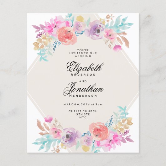 Prospectus 11,4 Cm X 14,2 Cm Budget Pastel Watercolor Flowers Wedding Invite (Devant)
