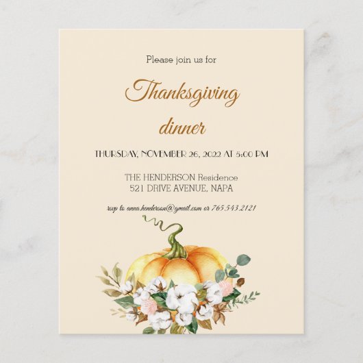 Prospectus 11,4 Cm X 14,2 Cm Budget Pumpkin Thanksgiving Dinner Invitation. (Devant)