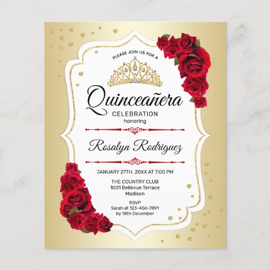 Prospectus 11,4 Cm X 14,2 Cm Budget Quinceanera - Gold White Red Invitation (Devant)