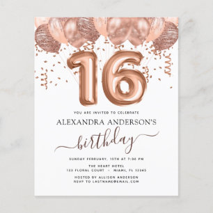 Prospectus 11,4 Cm X 14,2 Cm Budget Rose Gold Ballons Sweet 16 Anniversaire