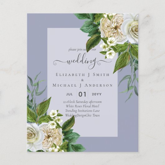 Prospectus 11,4 Cm X 14,2 Cm BUDGET ROSES BLANCHES Invitations MARIAGE CHIC (Devant)
