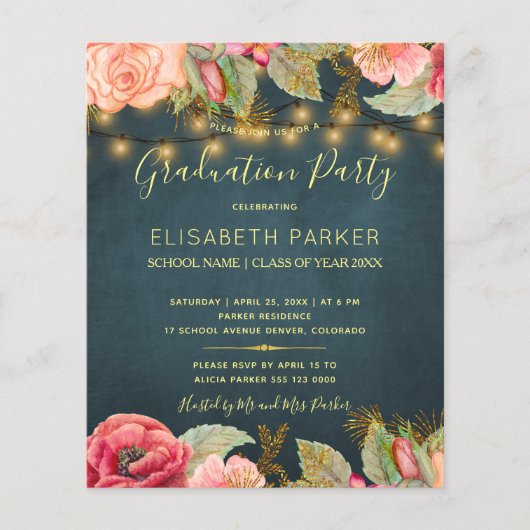 Prospectus 11,4 Cm X 14,2 Cm Budget roses PHOTO graduation party Invitation (Devant)