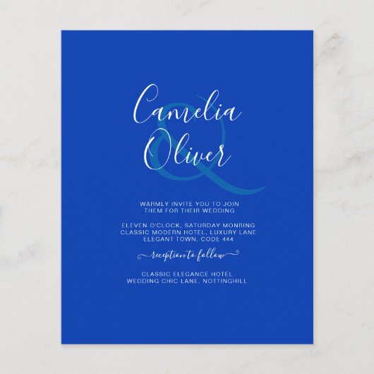 Prospectus 11,4 Cm X 14,2 Cm Budget Royal Blue Monochrome Mariage INVITE (Devant)