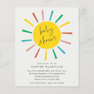 Prospectus 11,4 Cm X 14,2 Cm Budget Sun Script Moderne Baby shower Invitation