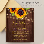 Prospectus 11,4 Cm X 14,2 Cm Budget sunflowers wood bridal shower invitation<br><div class="desc">Rustic country bridal shower stylish BUDGET affordable invitation template FLYER on brown barn wood background featuring big yellow gold sunflowers bouquets, strings of twinkle lights and a faux gold typography script. Easy to personalize with your details! The invitation is suitable for outdoor garden / backyard rustic country brunch / barbecue...</div>