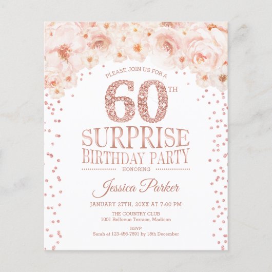 Prospectus 11,4 Cm X 14,2 Cm Budget Surprise 60e anniversaire - Rose Invitation (Devant)