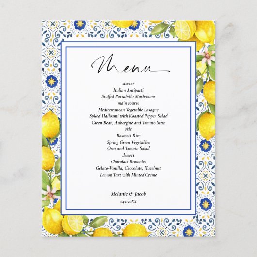 Prospectus 11,4 Cm X 14,2 Cm Carreaux bleu citron mariage menu Circulaire (Devant)