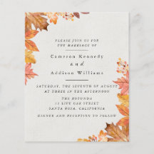 Carton d'invitation de mariage à feuille d'automne