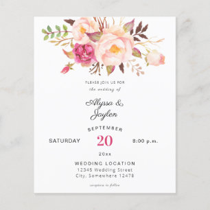 Prospectus 11,4 Cm X 14,2 Cm Circulaire Mariage floral à fleurs rose budget