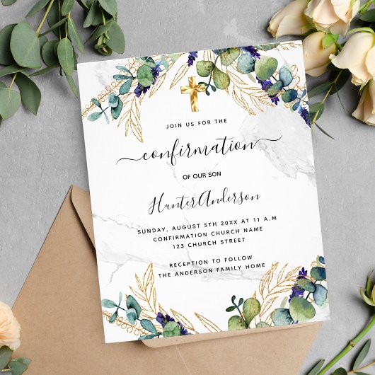 Prospectus 11,4 Cm X 14,2 Cm Confirmation eucalyptus invitation en marbre vert