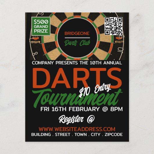 Prospectus 11,4 Cm X 14,2 Cm Dartboard Design, Darts Tournament (Devant)