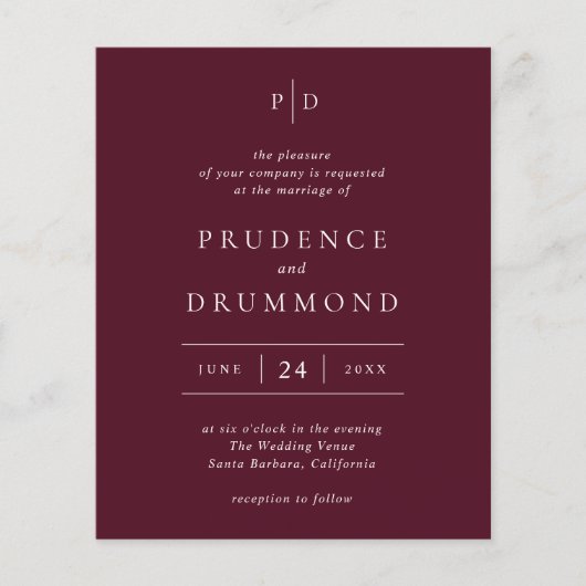 Prospectus 11,4 Cm X 14,2 Cm Deep Burgundy Classic Budget Wedding Invitation (Devant)