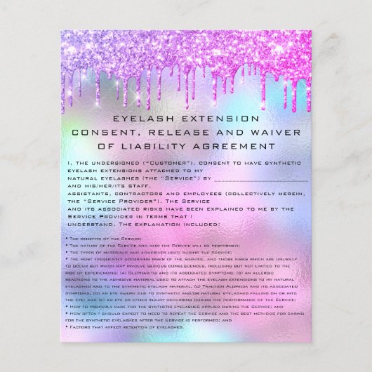 Prospectus 11,4 Cm X 14,2 Cm EYELASH EXTENSION RELEASE WAIVER Holograph Drivers (Devant)