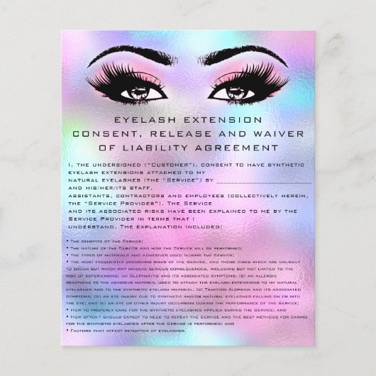 Prospectus 11,4 Cm X 14,2 Cm EYELASH EXTENSION RELEASE WAIVER Holograph Pink (Devant)