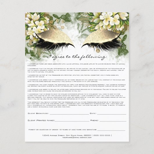 Prospectus 11,4 Cm X 14,2 Cm Eyelash Extension Responsabilité Renonciation Gold (Dos)