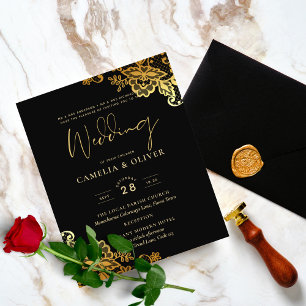 Prospectus 11,4 Cm X 14,2 Cm Faire-part de mariage Black Gold Lace
