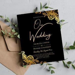 Prospectus 11,4 Cm X 14,2 Cm Faire-part de mariage Black Gold Lace