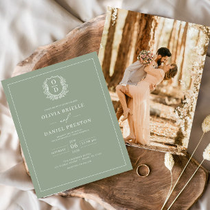 Prospectus 11,4 Cm X 14,2 Cm Faire-part de mariage photo avec crête vert sauge