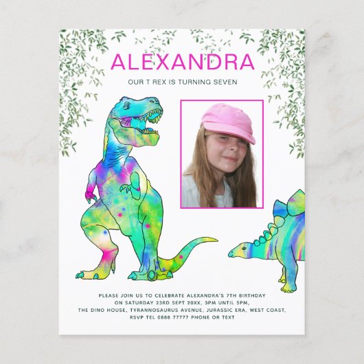Prospectus 11,4 Cm X 14,2 Cm Filles Dinosaur Anniversaire Fête Budget Invitatio (Devant)