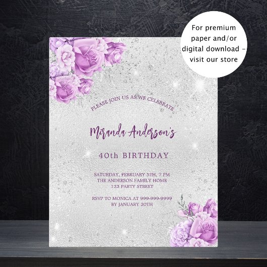 Prospectus 11,4 Cm X 14,2 Cm Fleurs roses argentées invitation d'anniversaire b