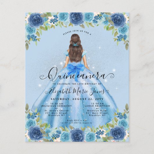Prospectus 11,4 Cm X 14,2 Cm Floral Dusty bleu gris princesse Quinceanera (Devant)