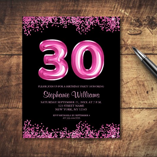 Prospectus 11,4 Cm X 14,2 Cm Glam Pink Foil Balloon 30th Birthday Invitation
