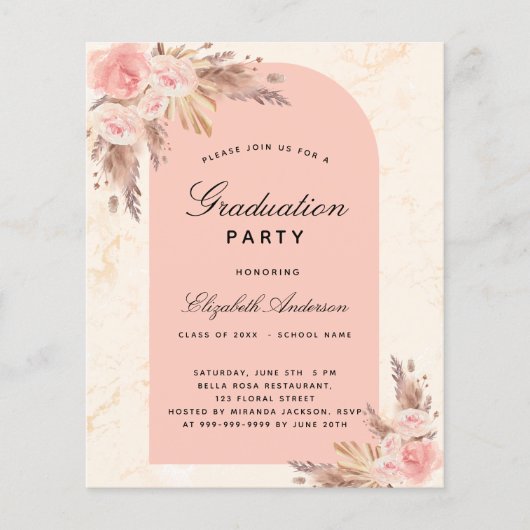 Prospectus 11,4 Cm X 14,2 Cm Graduation partie pampas rose invitation budgétair (Devant)
