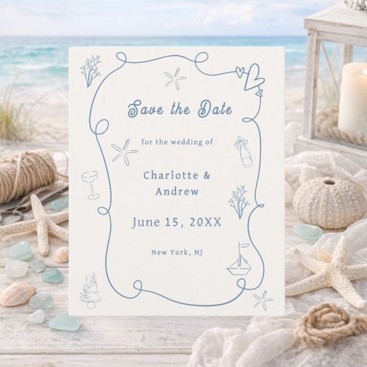 Prospectus 11,4 Cm X 14,2 Cm Hand drawn beach blue ivory wedding Save the Date