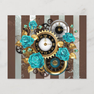 Prospectus 11,4 Cm X 14,2 Cm Horloge Steampunk et roses turquoise sur fond rayé